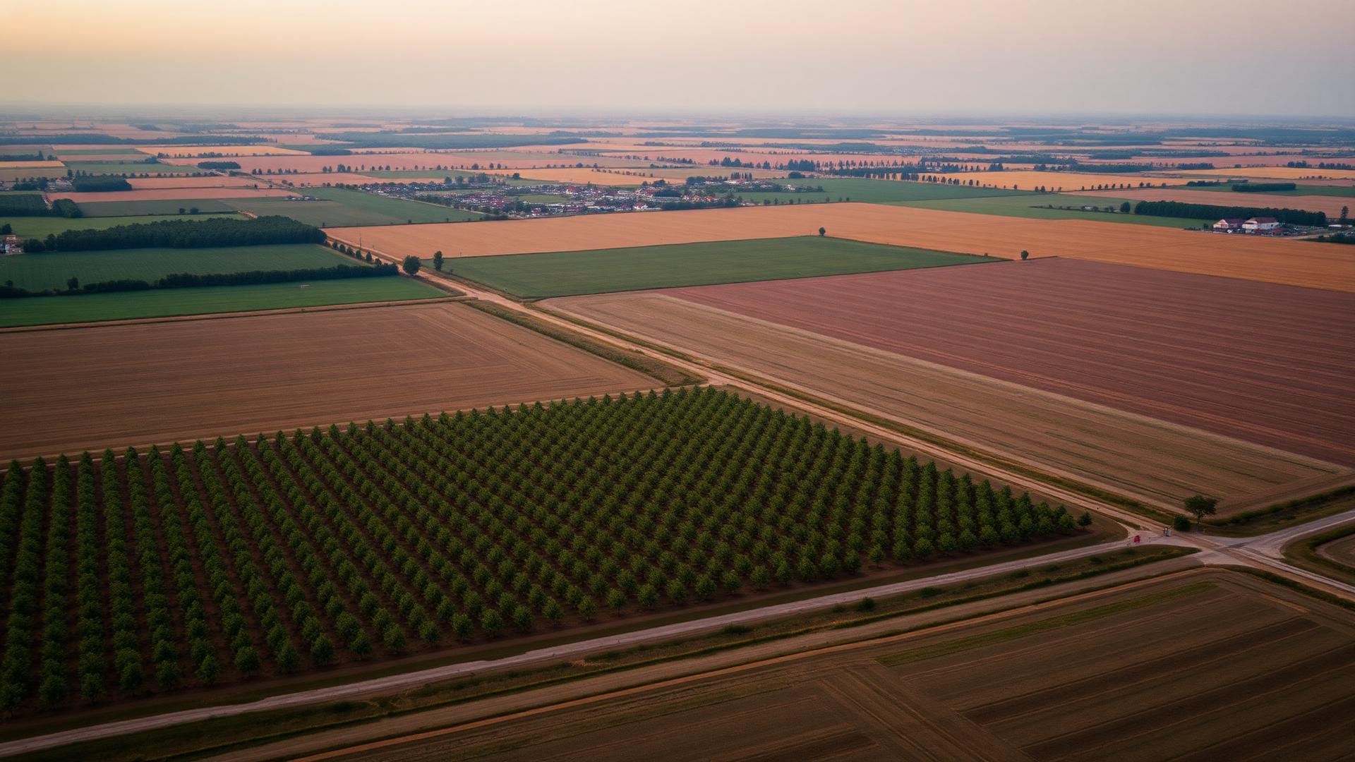 Aerial view of a young tree plantation meeting farmland at dusk