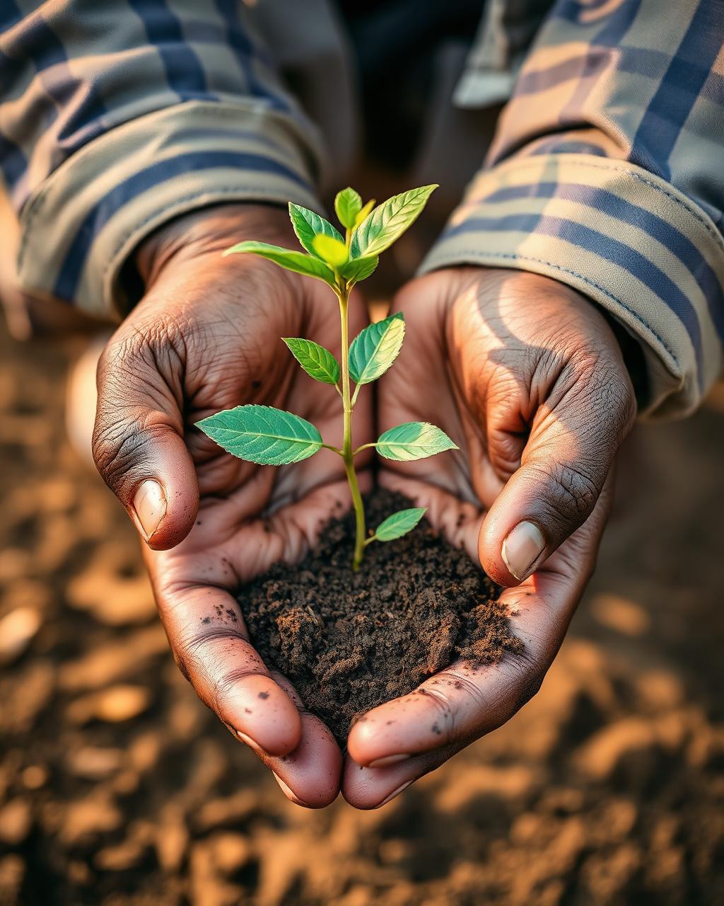 A farmer's hands cradling a young sapling and dark soil