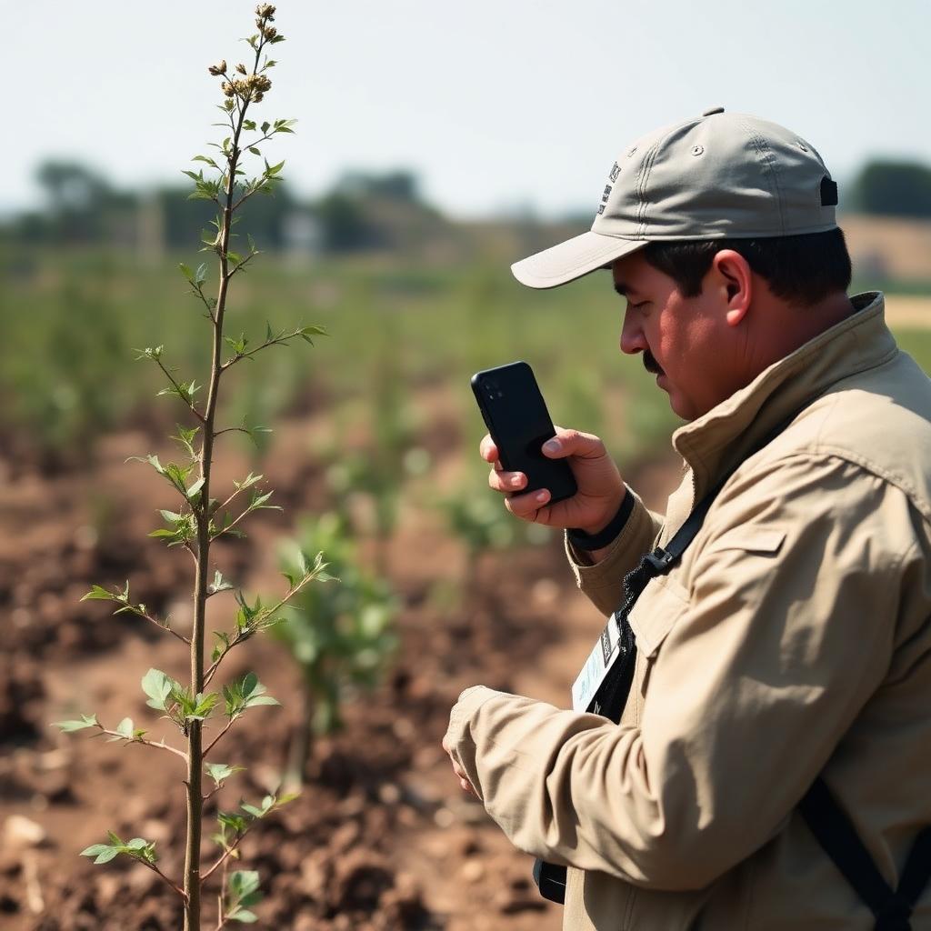 A field officer geo-tagging a planted sapling using a smartphone