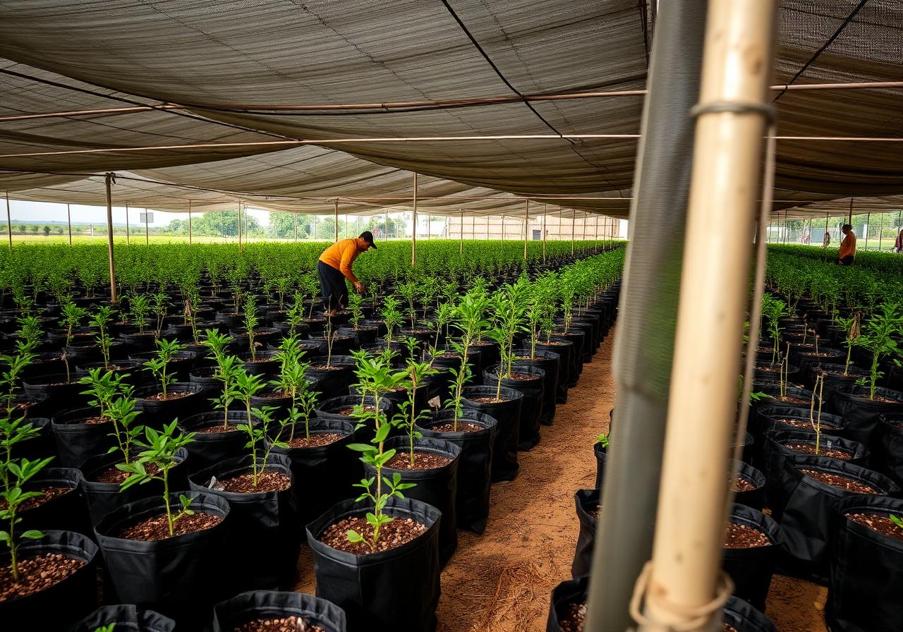 Rows of saplings growing under shade net at the nursery
