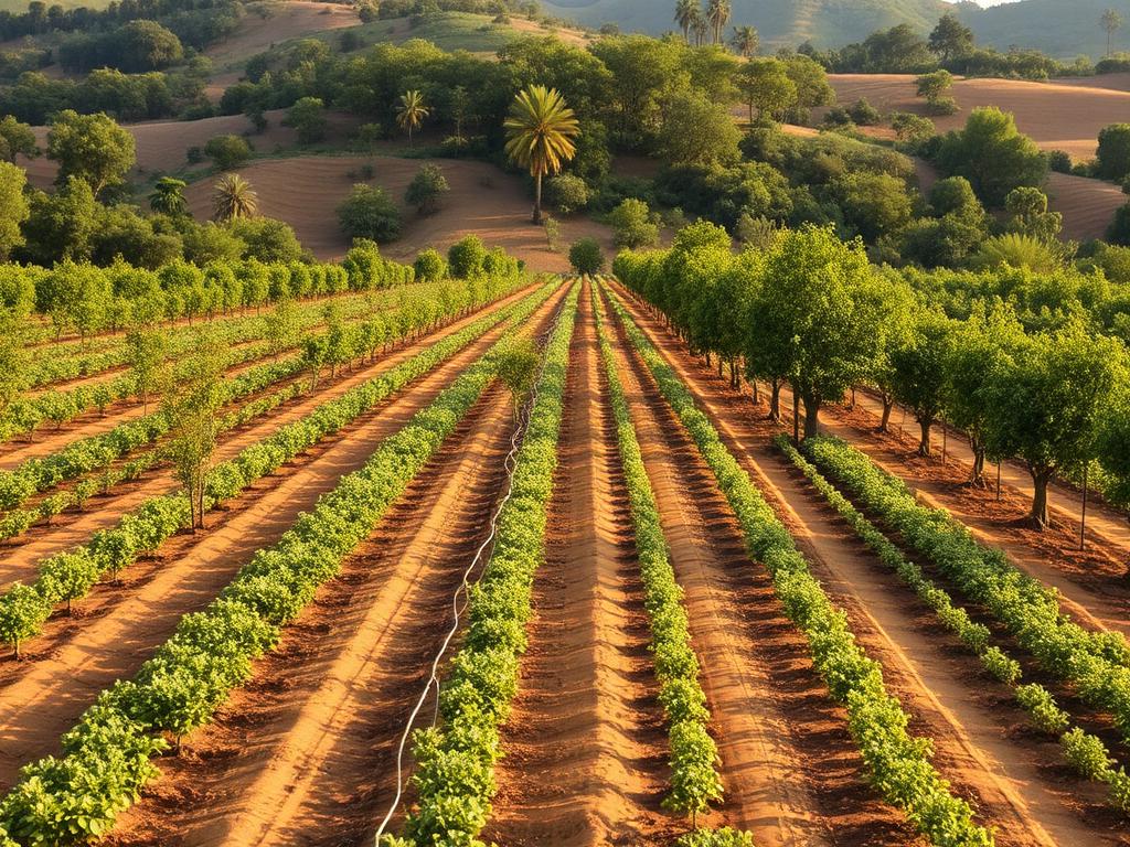 Agroforestry field with rows of trees growing alongside crops