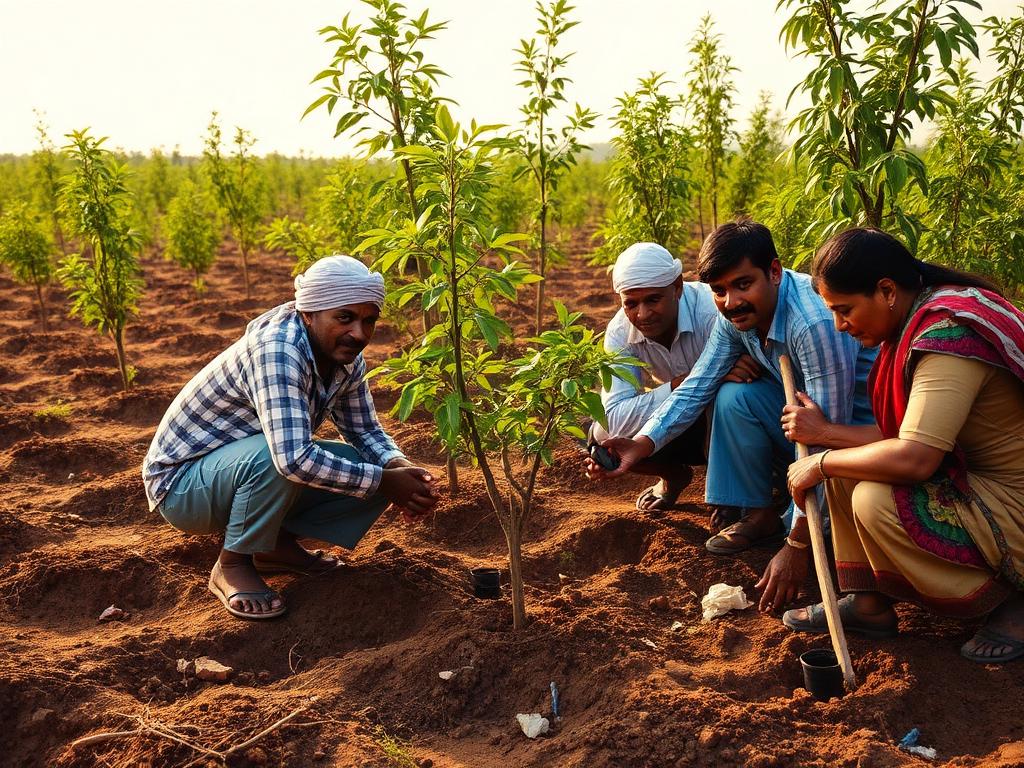 Farmers planting horticultural saplings together in a field