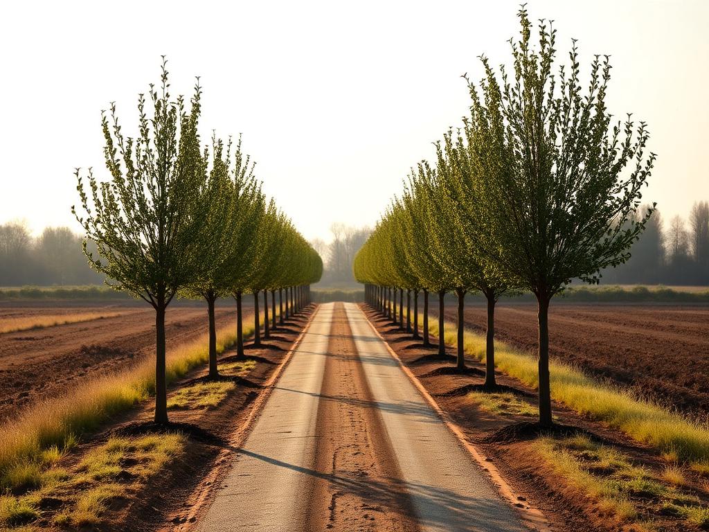 Newly planted avenue trees along a rural road