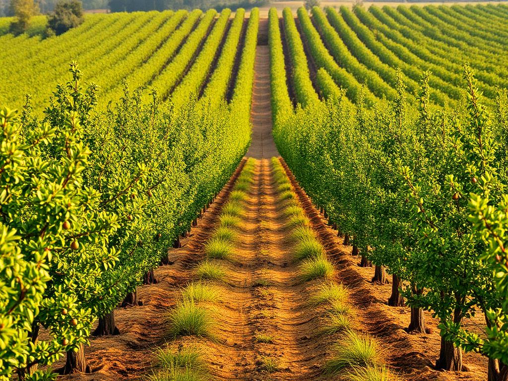 Rows of young fruit trees in a newly developed orchard