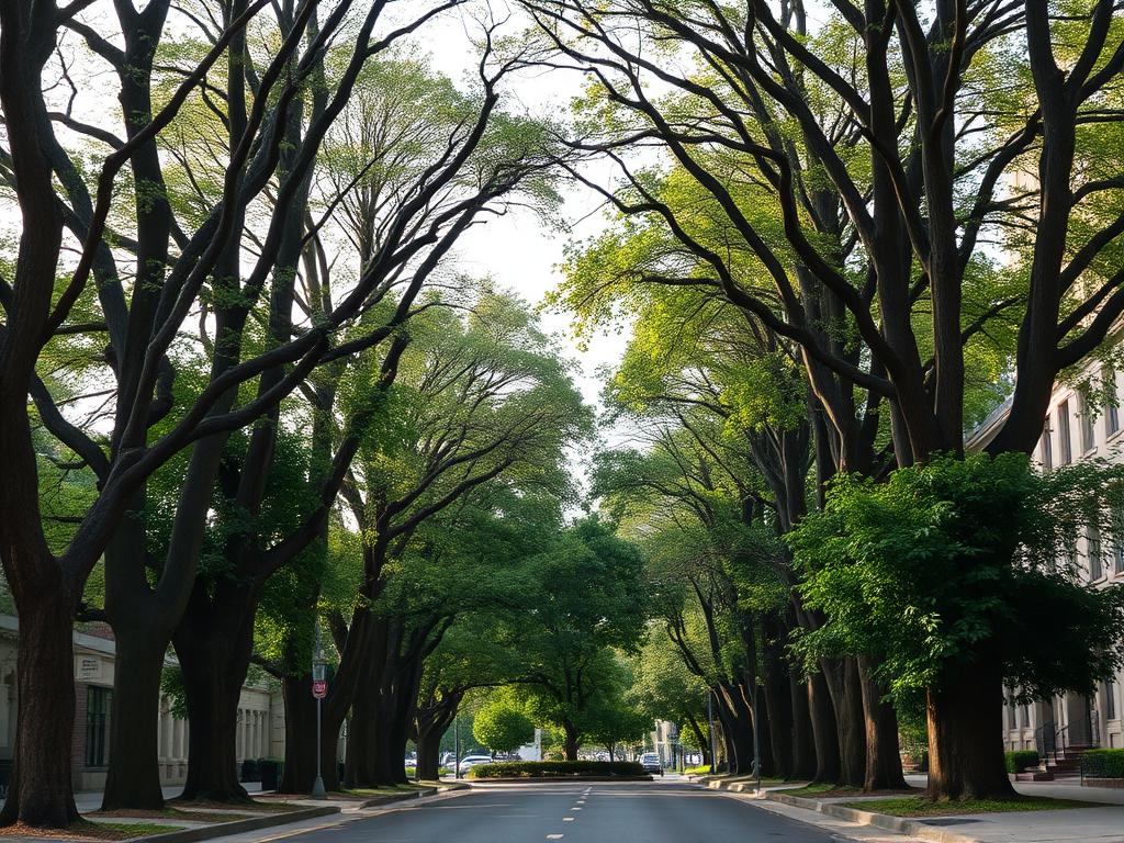 Mature trees lining a city street forming a green canopy